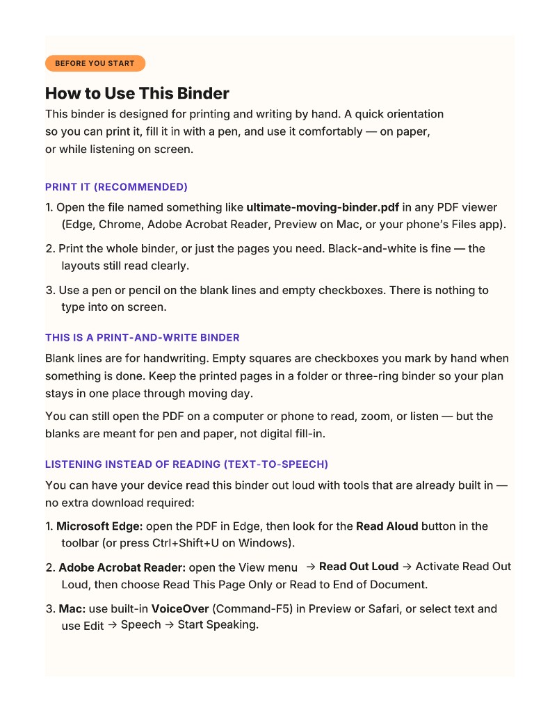 How to Use This Binder page