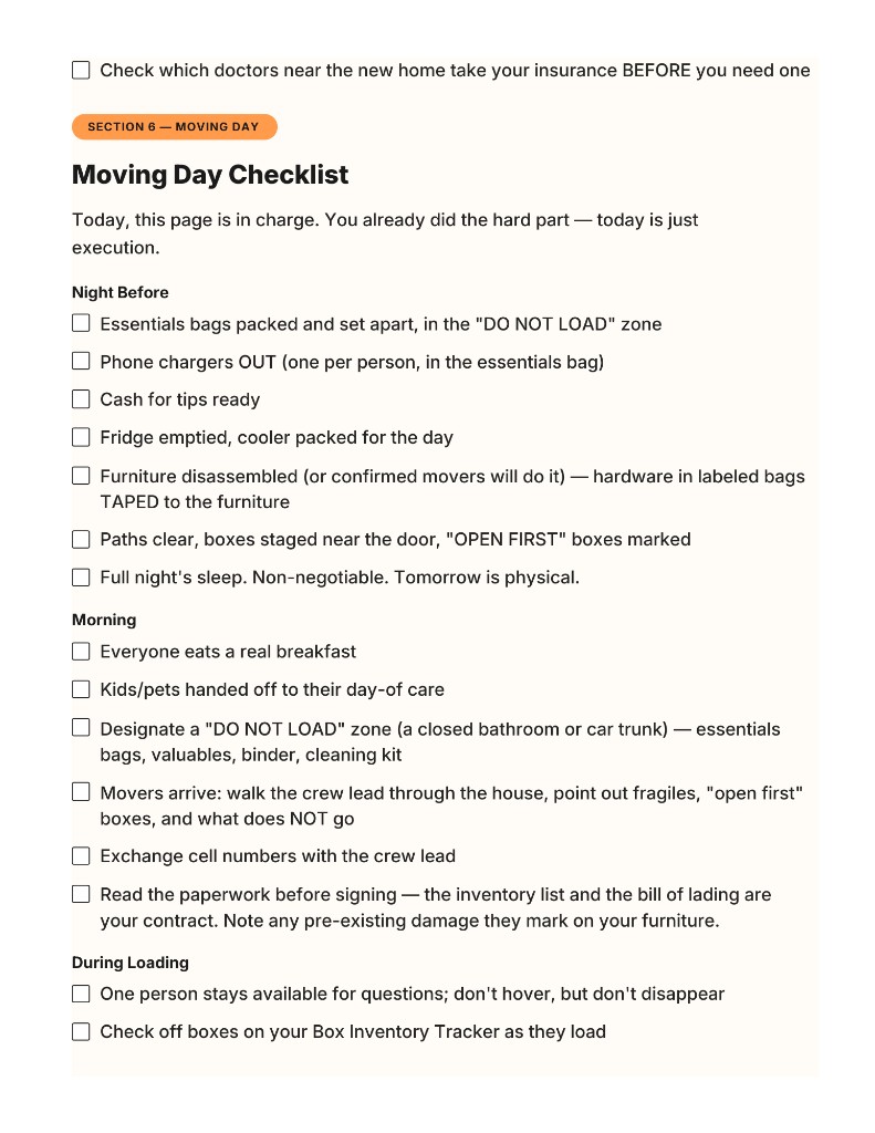 Moving Day Checklist page