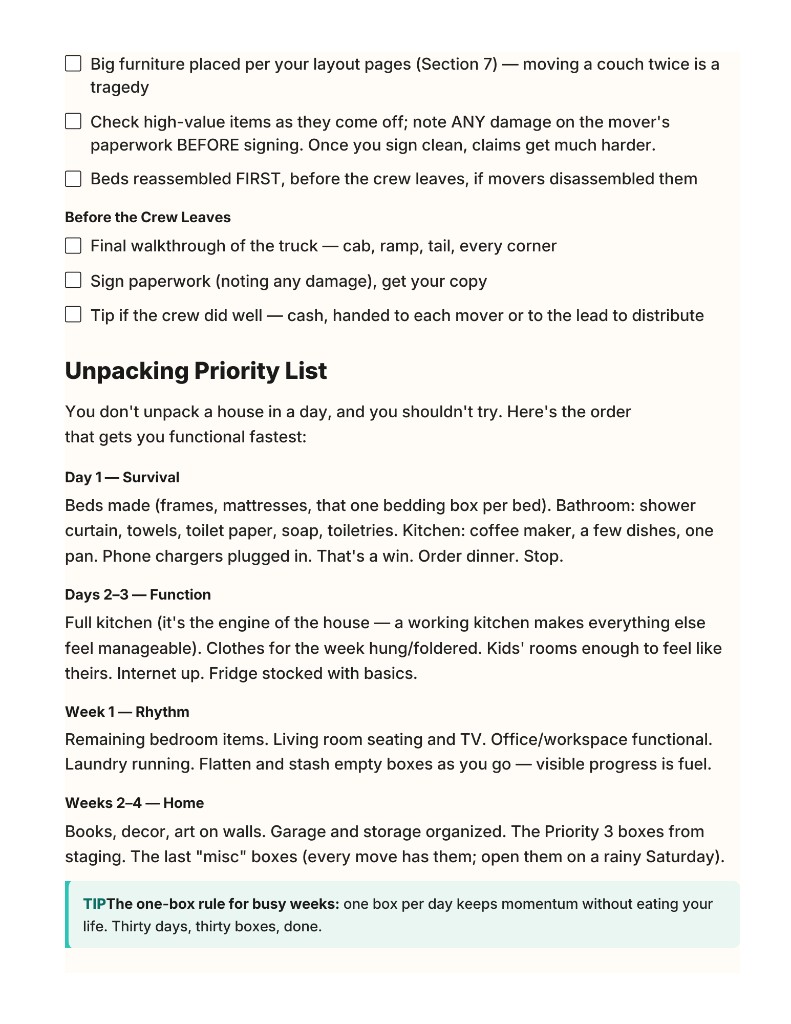 Unpacking Priority List checklist page